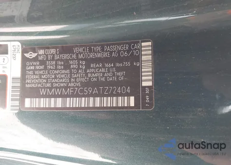 2010 Mini Cooper S из США, поврежденный, VIN WMWMF7C59ATZ72404